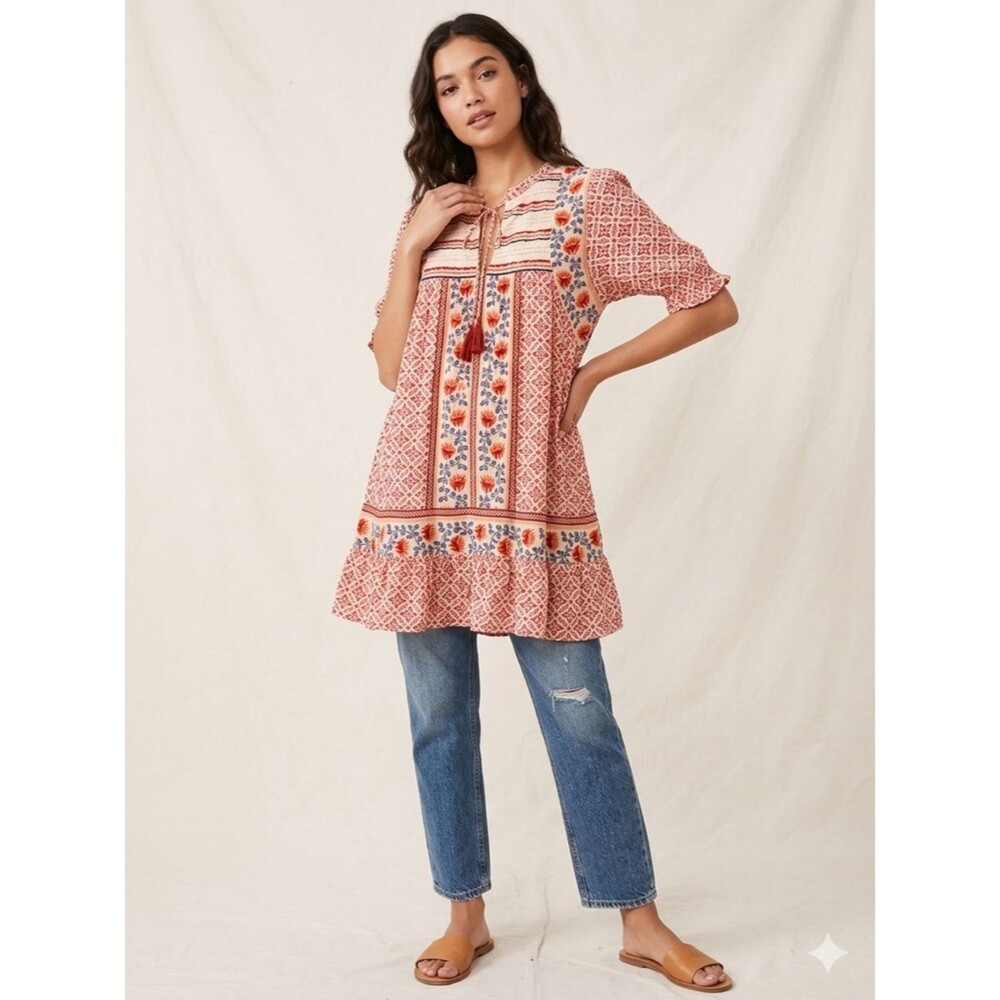 Patrons of Peace Coral Pink Floral Embroidered Tie-Neck Tunic